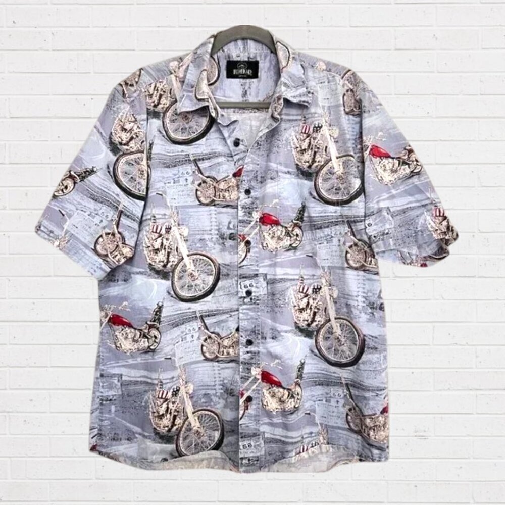 RED HEAD Blue Motorcycle Button Down Shirt Harley Mens XL